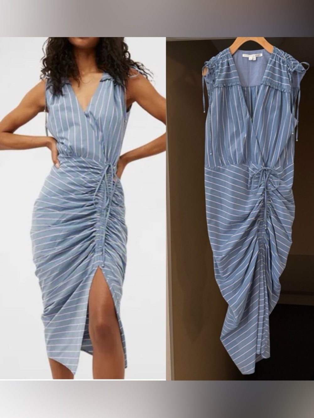 Veronica Beard Striped/Ruched V-Neck Teagan Dress: Blue and Kelly Green, Size 10